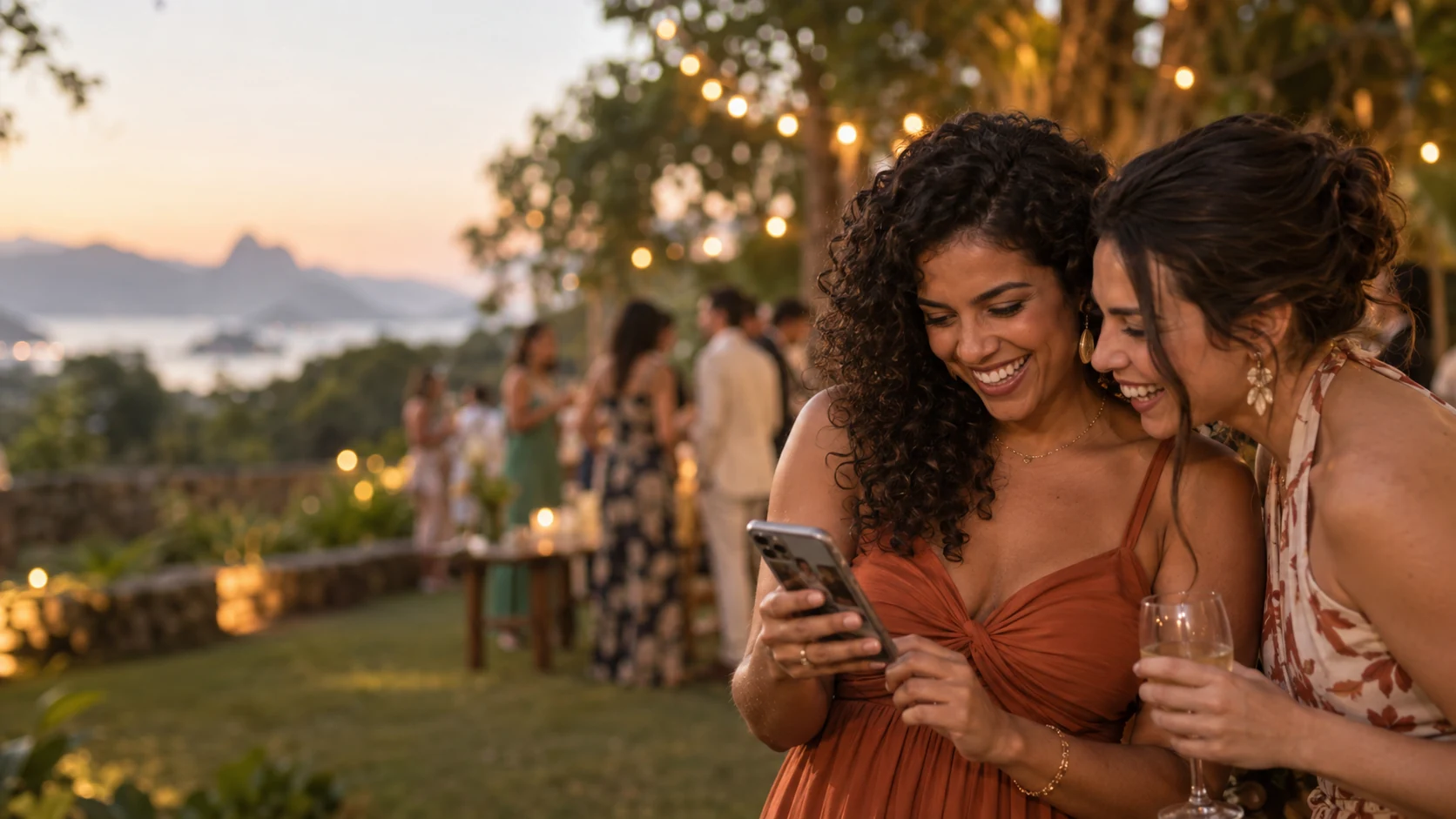 Convidadas acessando fotos: exemplo da experiência que o fotógrafo oferece ao cliente